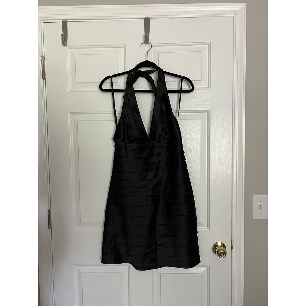 BCBGMaxazria Black Satin Y2K Whimsygoth Halter Cocktail Dress
